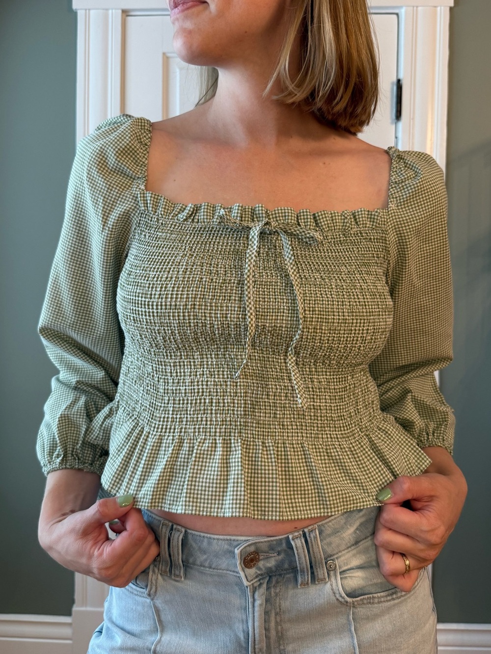 ROMWE Sage Green Gingham Smocked Square-Neck Peplum Top
